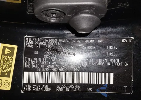 2017 Toyota Highlander Le Plus z USA, uszkodzony, nr VIN 5TDBZRFH2HS386610